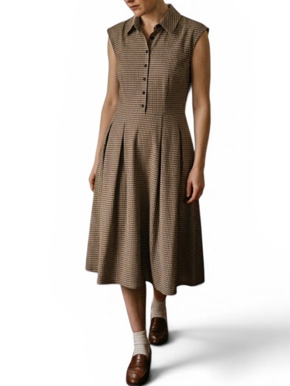 RIHOAS Cottagecore Brown Gingham Plaid Cotton Midi Shirt Dress Medium Vintage